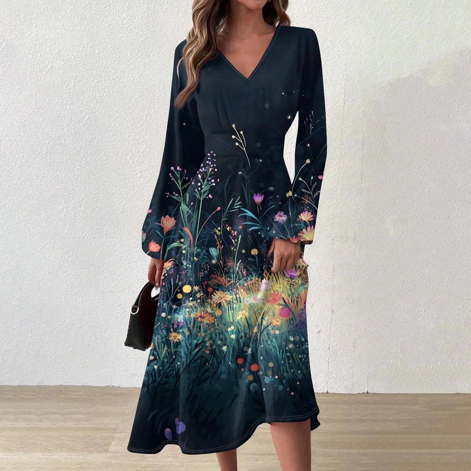 Womens Spring Dresses 2025 V Neck Long Sleeve Midi Work Casual Vacation Summer Western Curvy Dress