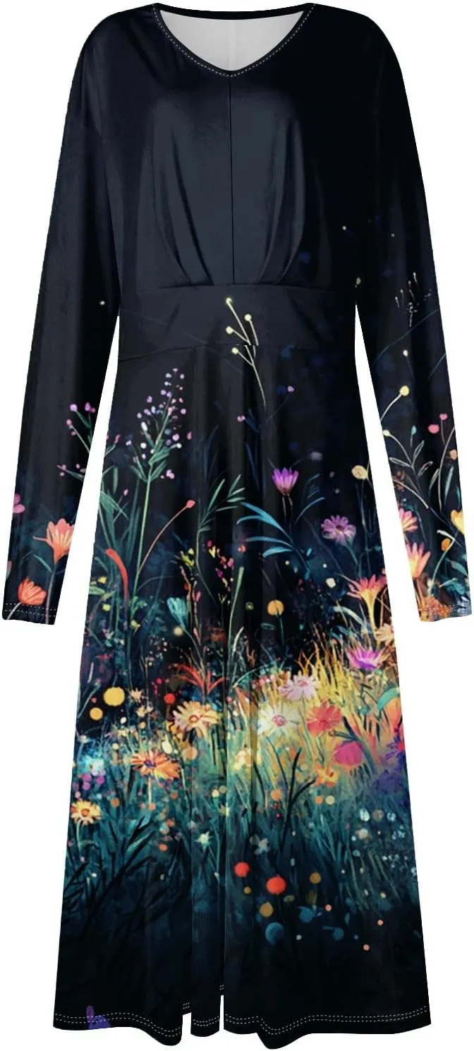 Womens Spring Dresses 2025 V Neck Long Sleeve Midi Work Casual Vacation Summer Western Curvy Dress