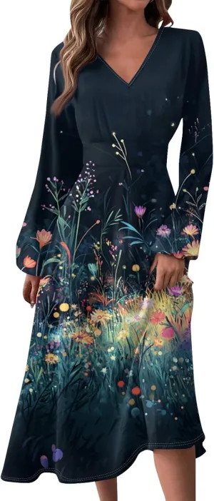 Womens Spring Dresses 2025 V Neck Long Sleeve Midi Work Casual Vacation Summer Western Curvy Dress