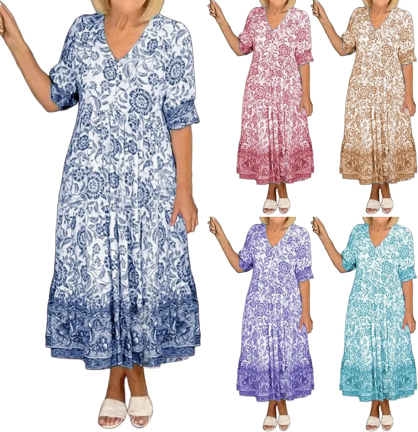 Womens Summer Boho Floral Ruffle Dress V Neck Short Sleeve Maxi Dresses Casual Flowy Beach Vacation Sundress