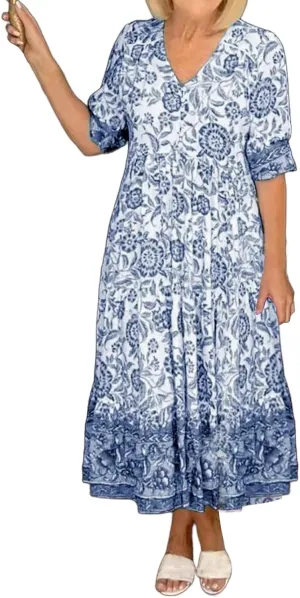 Womens Summer Boho Floral Ruffle Dress V Neck Short Sleeve Maxi Dresses Casual Flowy Beach Vacation Sundress