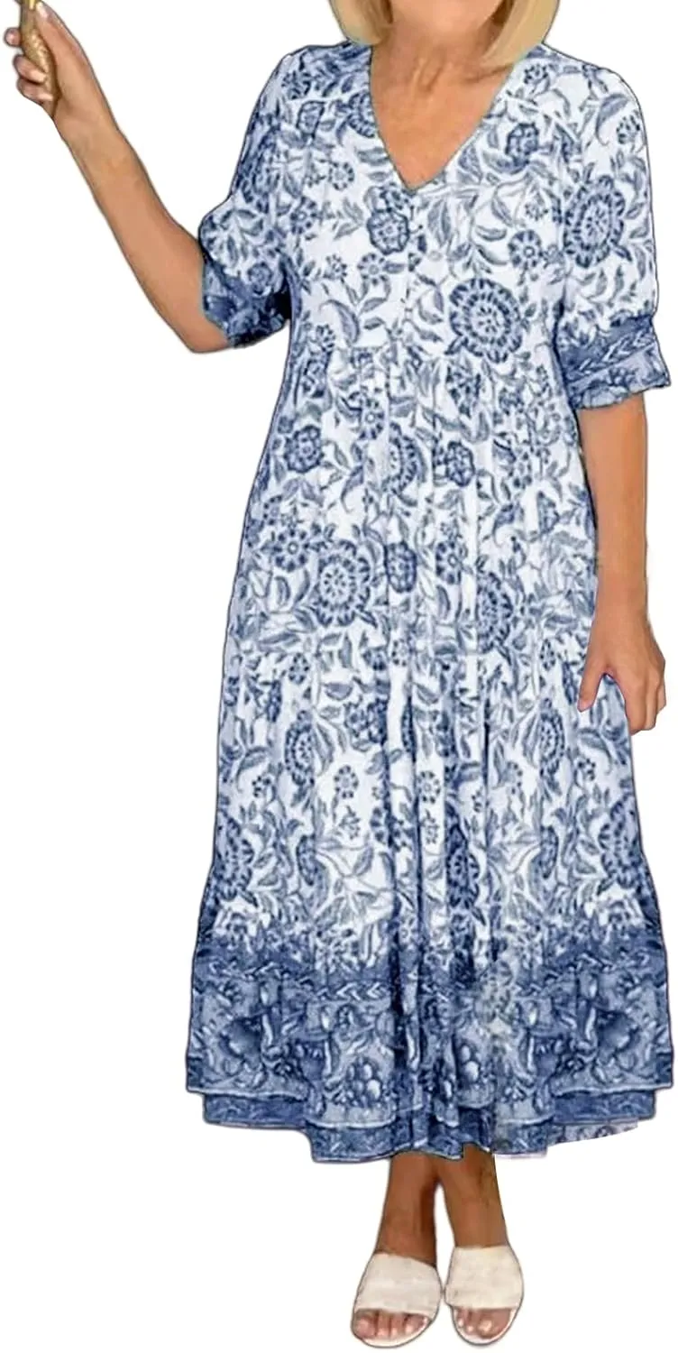 Womens Summer Boho Floral Ruffle Dress V Neck Short Sleeve Maxi Dresses Casual Flowy Beach Vacation Sundress