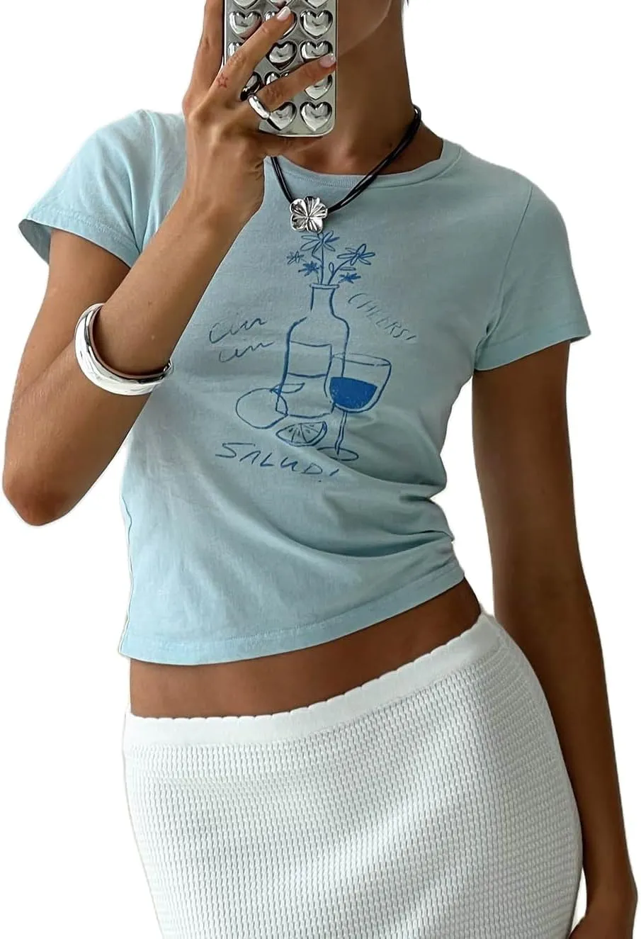 Y2K White Baby Tees for Women Cute Graphic Printed Crop Top Vintage Aesthetic Summer T Shirt for Teen Girls