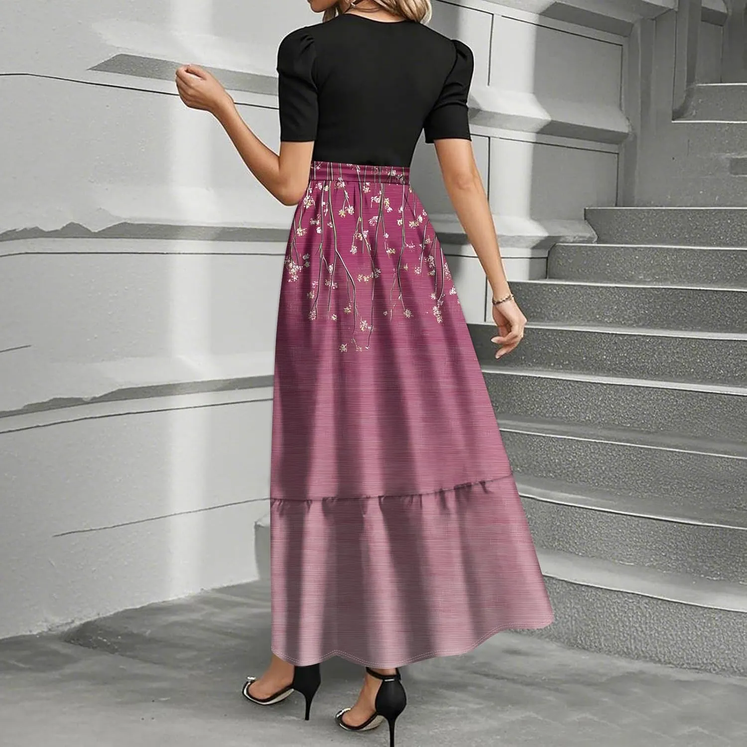 ZEFOTIM Maxi Dresses for Women 2025 Flower Floral/Stripe Dress Short Sleeve Crew Neck Dresses with Belt