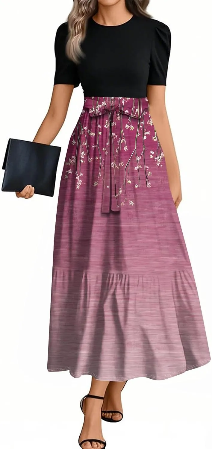 ZEFOTIM Maxi Dresses for Women 2025 Flower Floral/Stripe Dress Short Sleeve Crew Neck Dresses with Belt