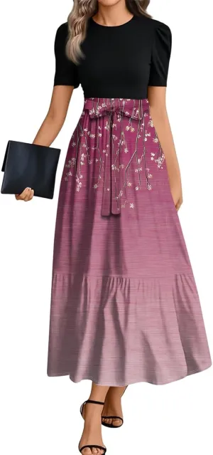 ZEFOTIM Maxi Dresses for Women 2025 Flower Floral/Stripe Dress Short Sleeve Crew Neck Dresses with Belt