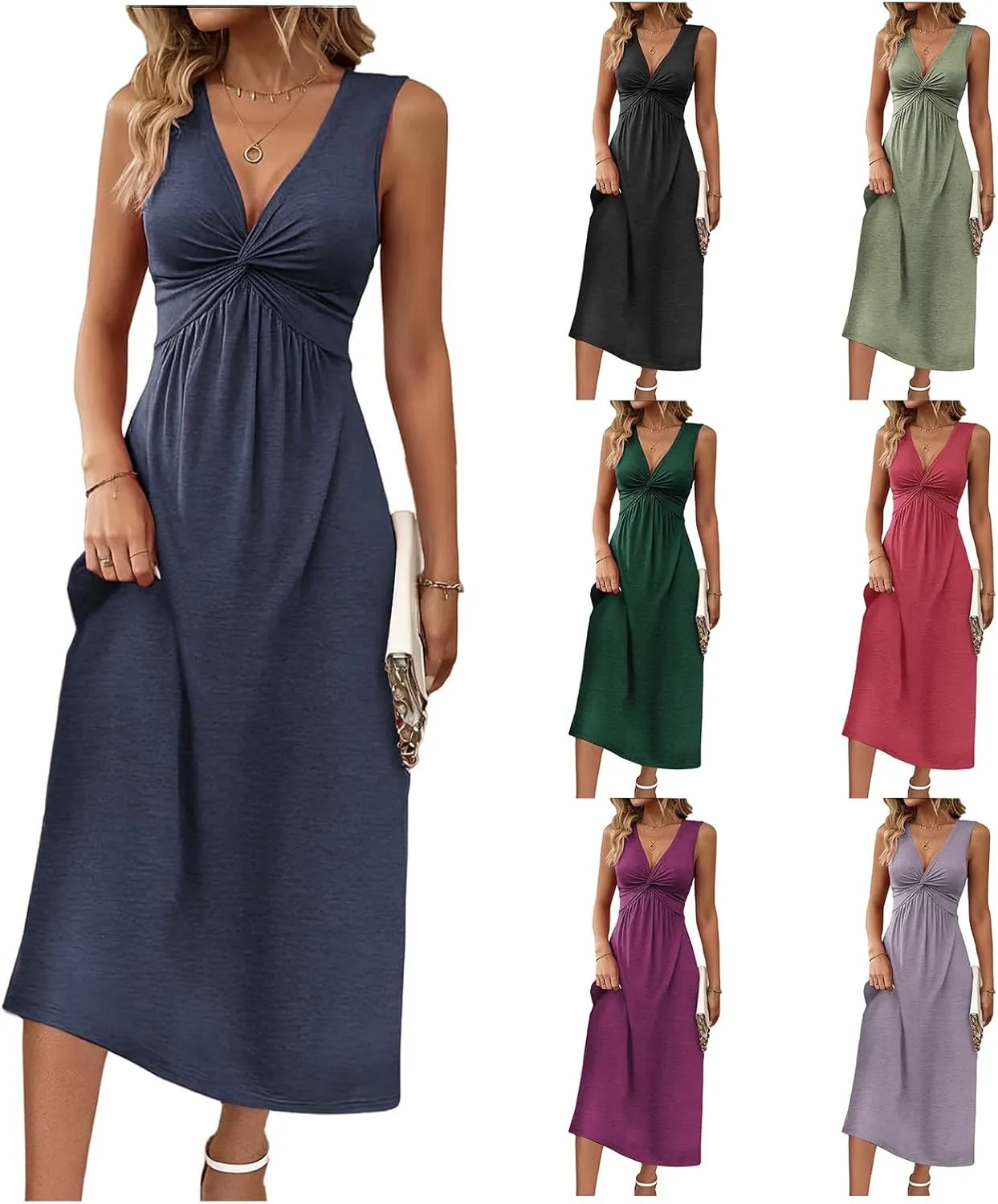 ZWRXW Sleeveless Dresses for Women 2025 Twist Front V Neck Ruffle Casual Summer Dress Sexy Cute Tunic Bodycon Mini Dresses