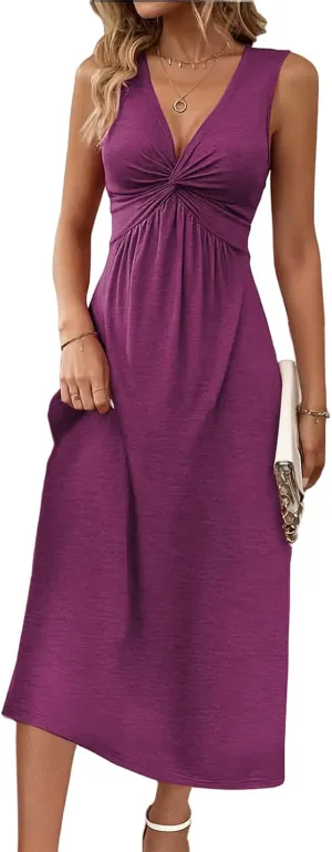 ZWRXW Sleeveless Dresses for Women 2025 Twist Front V Neck Ruffle Casual Summer Dress Sexy Cute Tunic Bodycon Mini Dresses